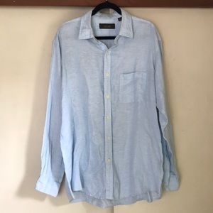 Tasso Elba 100% Linen blue Textured Stripe Long Sleeve Button Up Size Large